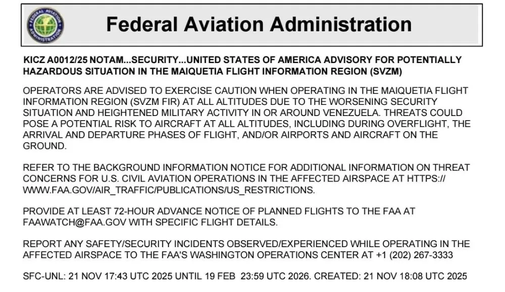 ABD’DEN VENEZUELA HAVA SAHASI İLE İLGİLİ UÇUŞ UYARISI: 