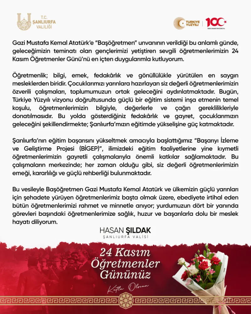 VALİ HASAN ŞILDAK’IN 24 KASIM ÖĞRETMENLER GÜNÜ MESAJI