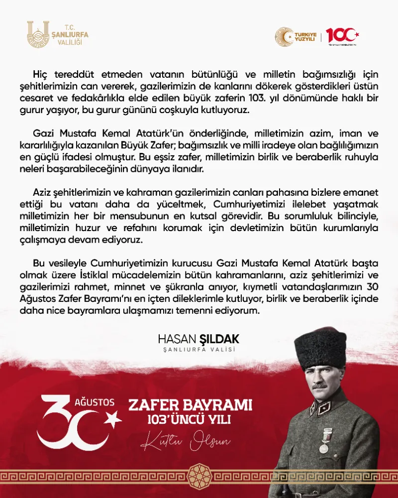 ŞANLIURFA VALİSİ HASAN ŞILDAK’IN 30 AĞUSTOS ZAFER BAYRAMI KUTLAMA MESAJI