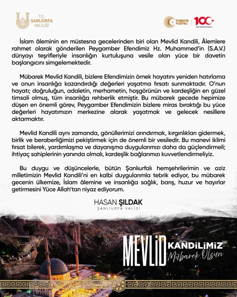Vali Hasan Şıldak’ın Mevlid Kandili Mesajı